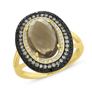 0.60CT WHITE, CHAMPAGNE & BLACK DIAMOND & 2.93CT SMOKEY TOPAZ RING