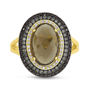 0.60CT WHITE, CHAMPAGNE & BLACK DIAMOND & 2.93CT SMOKEY TOPAZ RING