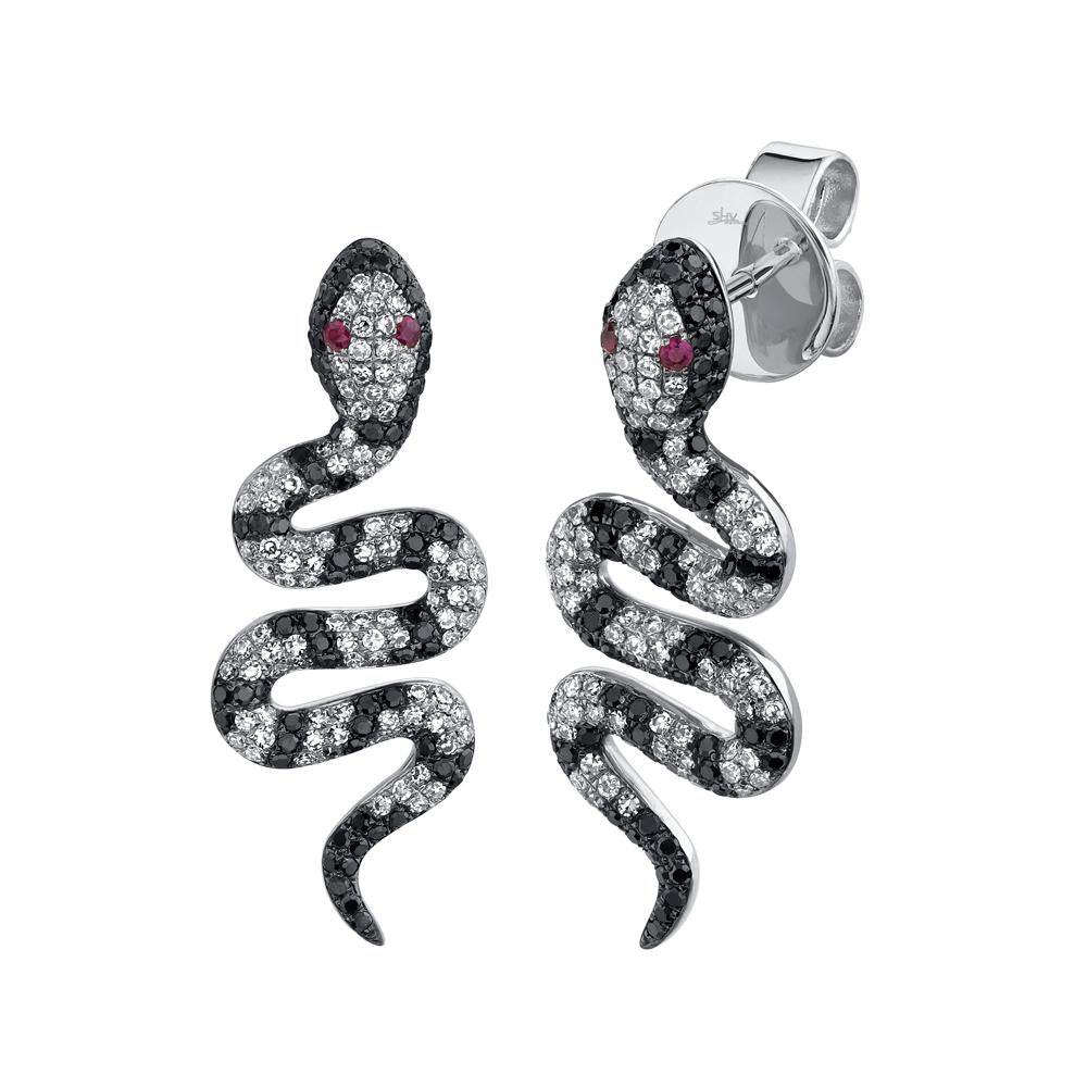 1.22CT BLACK & WHITE DIAMOND & 0.04CT RUBY SNAKE EARRING